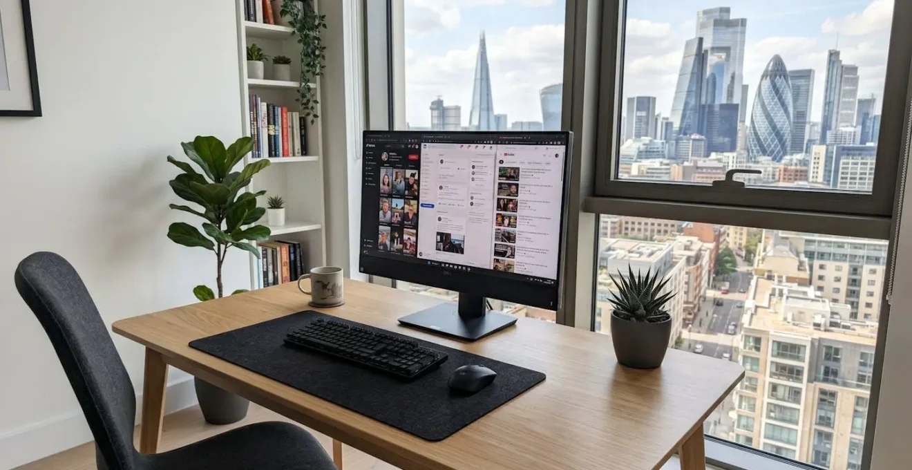 Bureau contemporain vide avec ordinateur affichant plusieurs interfaces de réseaux sociaux floues, éclairage naturel abondant par de grandes fenêtres