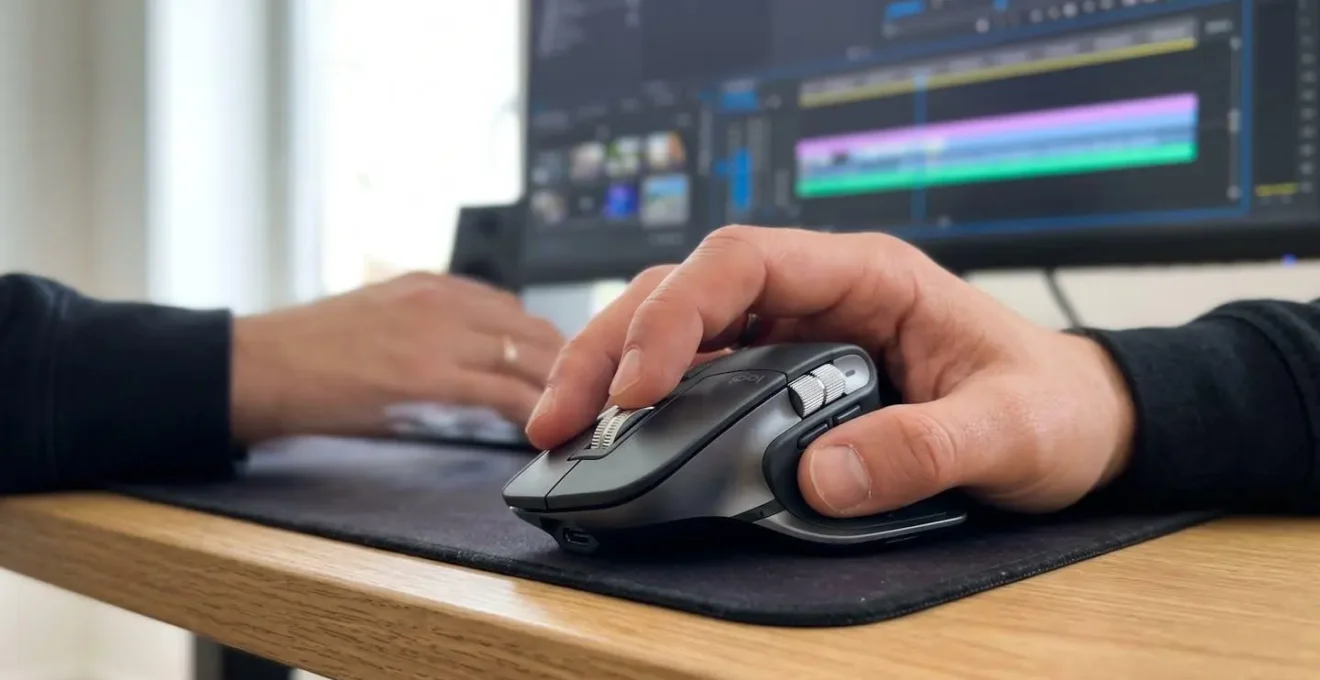 Gros plan sur une main manipulant une souris pour ajuster une timeline de montage vidéo, avec interface floue en arrière-plan