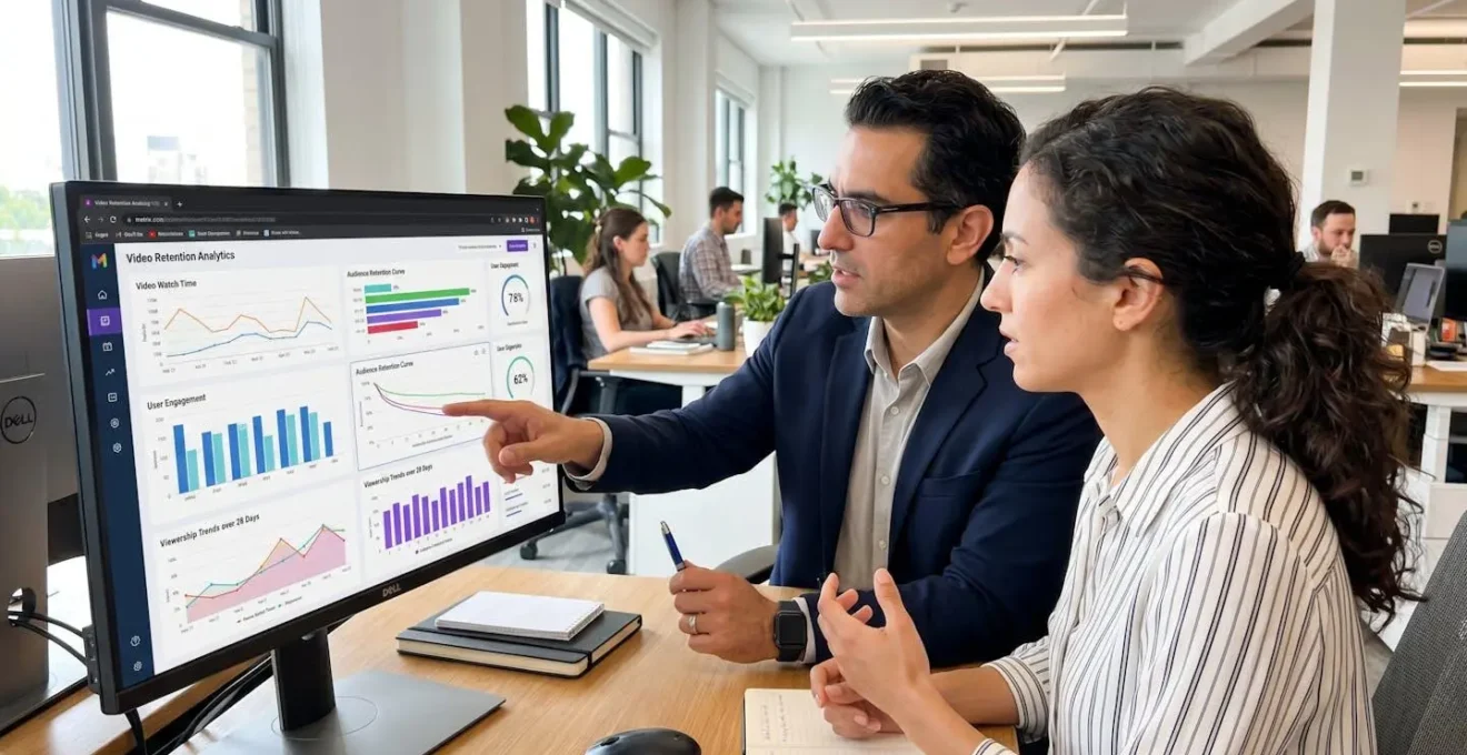 Deux professionnels en discussion devant un écran d'ordinateur affichant des graphiques analytiques flous, vus de profil dans un bureau moderne