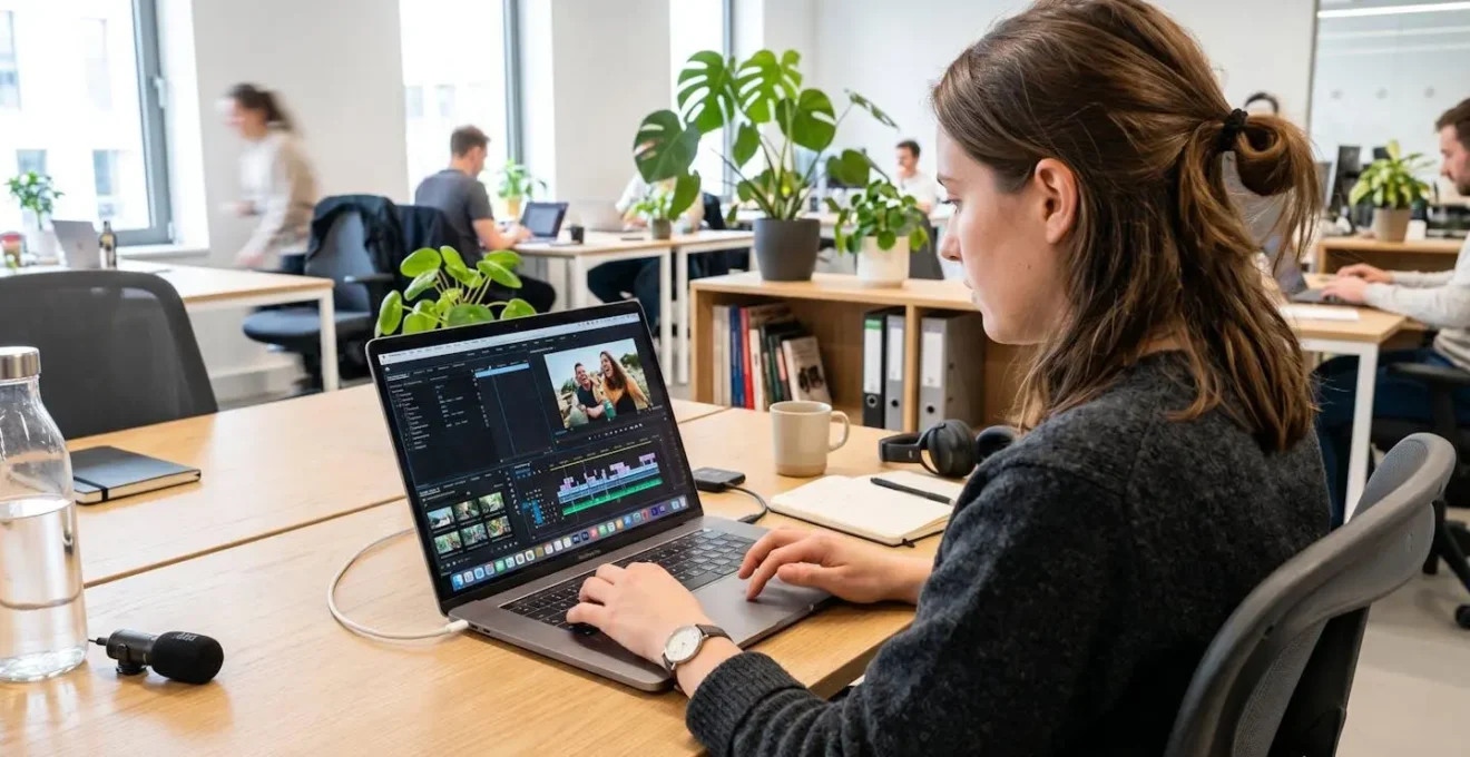 Une responsable communication ajuste une timeline de montage vidéo sur son ordinateur portable dans un bureau lumineux et contemporain